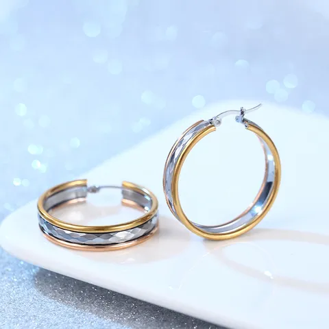 Roestvrijstalen Driekleurige Creolen Voor Dames Ruitvormig Gefacetteerde Holle Geometrische Cirkel Oorbellen Mode Accessoires