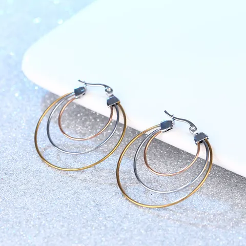 Minimalist Hollow Three Layer Stainless Steel Hoop Earrings Vintage Tri-Color Geometric Circle Earrings For Women Titanium Steel Jewelry