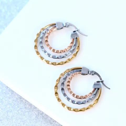 Roestvrijstalen Driekleurige Drielagige Oorringen Voor Vrouwen Niche Geometrisch Geplooid Goud Zilver Roségoud Oorbellen Sieraden