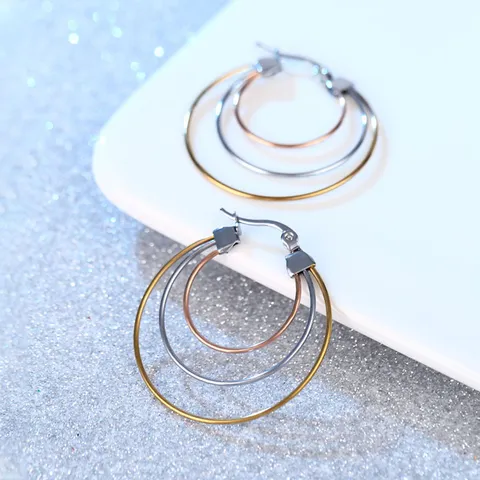 Minimalist Hollow Three Layer Stainless Steel Hoop Earrings Vintage Tri-Color Geometric Circle Earrings For Women Titanium Steel Jewelry