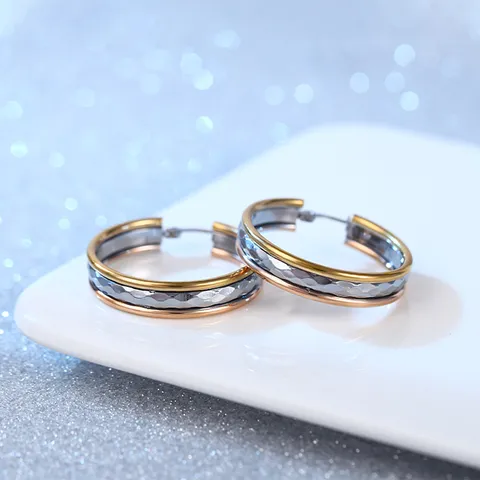 Roestvrijstalen Driekleurige Creolen Voor Dames Ruitvormig Gefacetteerde Holle Geometrische Cirkel Oorbellen Mode Accessoires