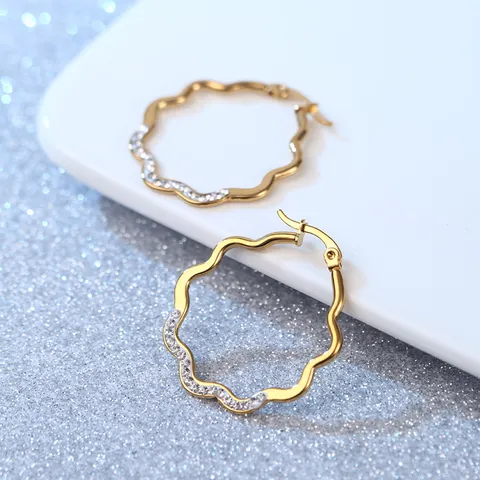 Zoete Roestvrij Stalen Golvende Bloem Creolen Voor Dames Verguld Strass Zonnebloem Ingelegde Huggie Oorbellen Sieraden Cadeau