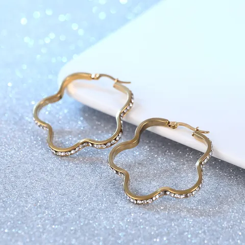 Elegante Gouden Roestvrijstalen Pruimenbloesem Strass Hoop Oorbellen Voor Vrouwen Zoete Bloem Ingelegde Glinsterende Ronde Oorbellen Sieraden