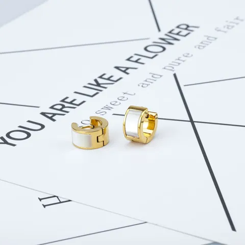 Minimalistische Titaniumstaal Geometrische Oorringen Voor Vrouwen Natuurlijke Witte Schelpinleg Goud Zilver Vergulde Kleine Huggie Oorbellen Sieraden