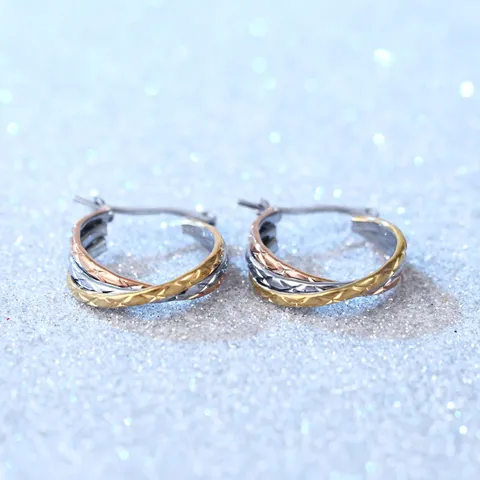 Vintage Stainless Steel Tri-Color Hoop Earrings For Women Diamond Pattern Geometric Round Interlocking Earrings Fashion Jewelry Gift