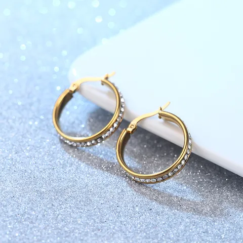 Roestvrij Stalen Ronde Creolen voor Dames Gepersonaliseerde Witte Strass Ingelegde Goud Roségoud Vergulde Trendy Oorsieraden