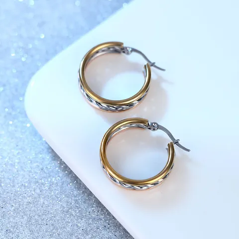 Minimalistisch Roestvrij Staal Driekleurig Gedraaid Creolen Goud Zilver Roségold Verguld Gevlochten Cirkel Oorbellen Voor Vrouwen Sieraden