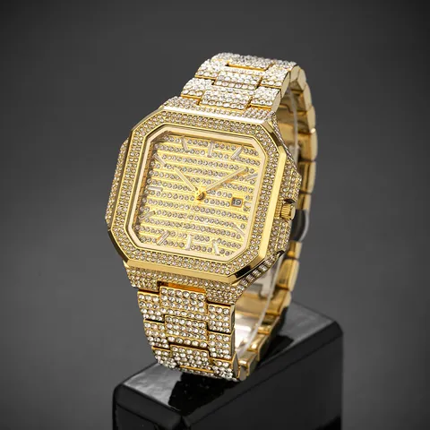 Men Fashion Hip Hop Quartz Watch Full Rhinestone Luxury Square Alloy Ice Out Watch With Calendar Indicator Wristwatch For Men