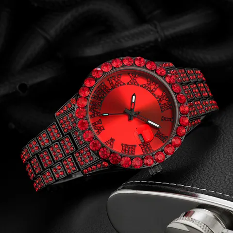 MISSFOX Luxury Hip Hop Full Rhinestone Quartz Watch For Men Women Waterproof Roman Numerals Calendar Bling Wristwatch Jewelry Gift