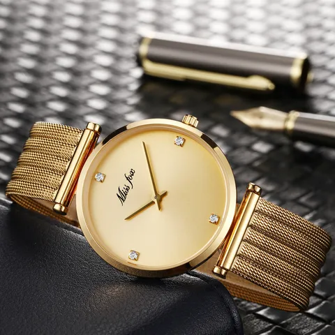 Orologio al Quarzo da Donna Ultrasottile Miss Fox Impermeabile Cassa in Lega Cinturino in Maglia di Acciaio Inossidabile Quadrante in Strass Orologio da Polso