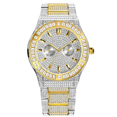 MISSFOX Hip Hop Men's Quartz Watch Luxurious Iced Out Square Rhinestone Large Dial Waterproof Wristwatch With Date Week Display