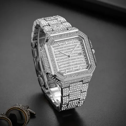 Men Fashion Hip Hop Quartz Watch Full Rhinestone Luxury Square Alloy Ice Out Watch With Calendar Indicator Wristwatch For Men