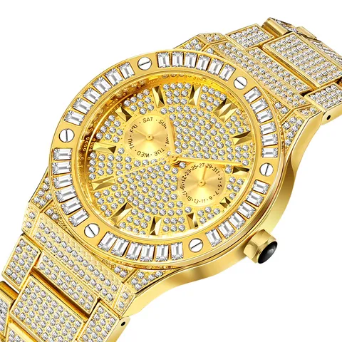 MISSFOX Hip Hop Men's Quartz Watch Luxurious Iced Out Square Rhinestone Large Dial Waterproof Wristwatch With Date Week Display