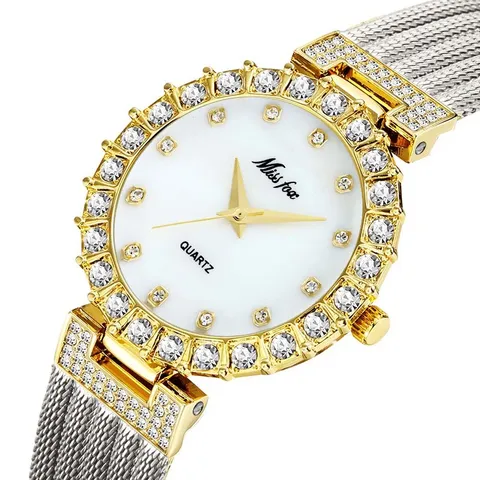 MISSFOX Women Luxury Rhinestone Quartz Watch Gold Plated Metal Band Waterproof Fashion Elegant Ladies Wristwatch Jewelry Gift