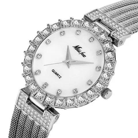 MISSFOX Women Luxury Rhinestone Quartz Watch Gold Plated Metal Band Waterproof Fashion Elegant Ladies Wristwatch Jewelry Gift