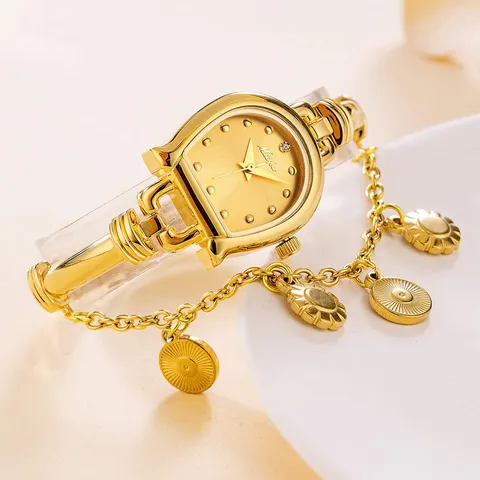 Elegant Horseshoe U-Shaped Women Quartz Watch Exquisite Alloy Metal Chain Bracelet Watch With Flower Pendant Luxury Wristwatch