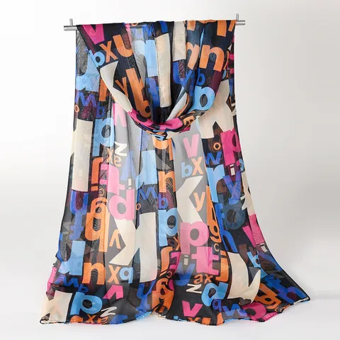 Damen Chiffon Bunter Buchstabendruck Schal Langer Sonnenschutz Strandtuch Shawl Für Reise Täglich Mode Dekorativ Gaze Schal