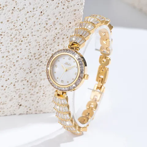 Luxury Rhinestone Women Quartz Watch Elegant Copper Case Stainless Steel Buckle Fashion Waterproof Ladies Wristwatch