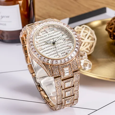 Men's Luxury Quartz Watch Stainless Steel Rhinestone Full Crystal Business Watch Luminous Calendar Round Analogue Wristwatch