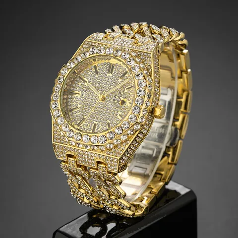 Men Hip Hop Iced Out Diamond Watch Luxury Octagonal Bezel Quartz Watch With Cuban Link Strap Gold Silver Rhinestone Men Watch