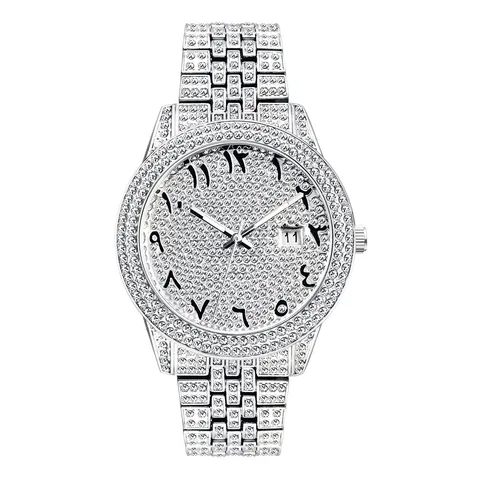 Luxury Men Fashion Quartz Watch Full Rhinestone Calendar Luminous Watch Arabic Numerals Alloy Chain Calendar Wristwatch For Business Daily