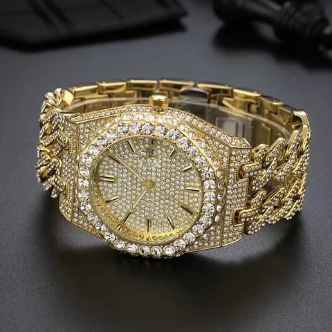 Men Hip Hop Iced Out Diamond Watch Luxury Octagonal Bezel Quartz Watch With Cuban Link Strap Gold Silver Rhinestone Men Watch