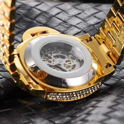 Luxury Men's Automatic Mechanical Watch Skeleton Iced Out Rhinestone Large Dial Waterproof Luminous Wristwatch Hip Hop Jewelry