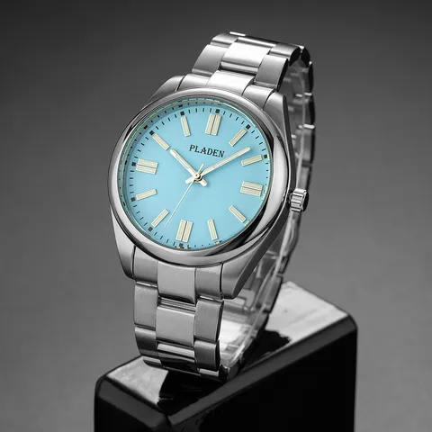PLADEN Business Men's Quartz Watch Luxury Fashion Luminous Stainless Steel Waterproof Light Blue Dial Wristwatch