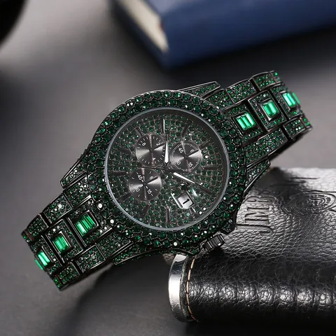 Heren Hip Hop Luxe Volledige Strass Quartz Horloge Lichtgevende Waterdichte Kalender Chronograaf Legering Kleurrijk Bling Horloge Mode Cadeau