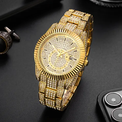 Luxury Men Iced Out Quartz Watch Metal Stainless Steel Full Rhinestone Hip Hop Watch Gold Two-Tone Silver Analog Watch With Calendar Luminous Gift