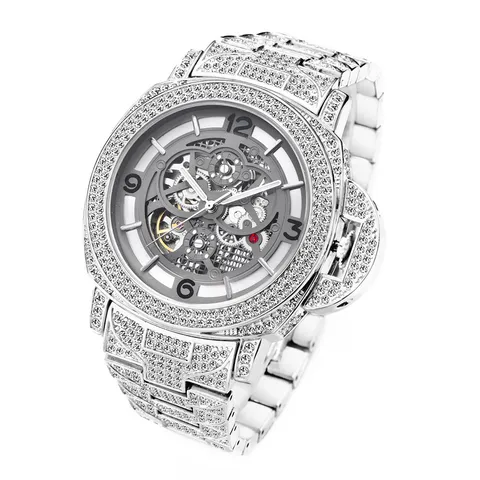 Luxury Men's Automatic Mechanical Watch Skeleton Iced Out Rhinestone Large Dial Waterproof Luminous Wristwatch Hip Hop Jewelry