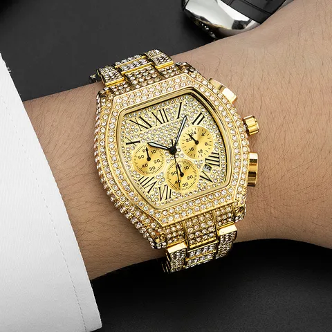Hip Hop Men Quartz Watch Full Rhinestone Luxury Iced Out Tonneau Watch Chronograph Luminous Metal Strap Fashion Watch