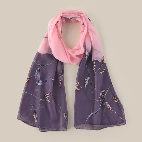 Sciarpa Leggera in Chiffon da Donna Sfumatura Rosa Viola Stampa Uccello Ramo Scialle Protezione Solare per Donna