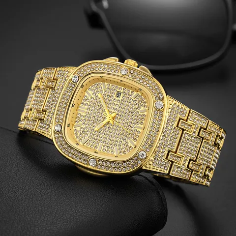 Men Iced Out Square Watch Luxury Gold Silver Plated Rhinestone Hip Hop Rap Quartz Watch With Calendar Fashion Jewelry