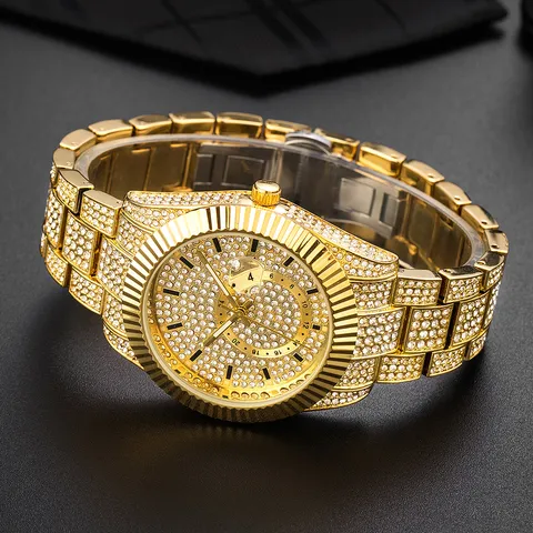 Luxury Men Iced Out Quartz Watch Metal Stainless Steel Full Rhinestone Hip Hop Watch Gold Two-Tone Silver Analog Watch With Calendar Luminous Gift