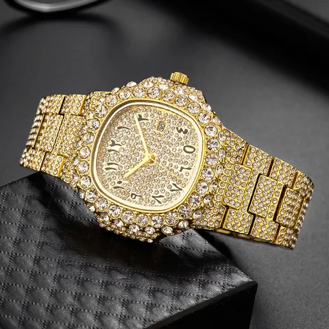 Luxury Iced Out Rhinestone Quartz Watch Men Hip Hop Gold Silver Arabic Numerals Dial Metal Watch With Calendar Calendar Display
