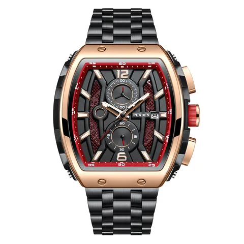 Men's Tonneau Sport Quartz Watch Luminous Calendar Multi-Functional Stainless Steel Band Luxury Fashion Wristwatch