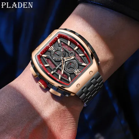 Men's Tonneau Sport Quartz Watch Luminous Calendar Multi-Functional Stainless Steel Band Luxury Fashion Wristwatch