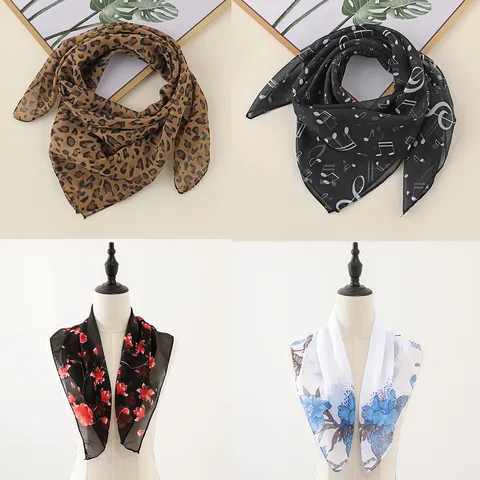 Fashion Chiffon Square Scarf For Women Leopard Print Floral Polka Dot Soft Neck Head Scarf Wrap Lightweight Everyday Shawl Accessories