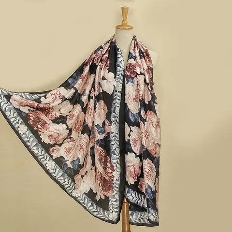 Eleganter Rosen Kamelien Blumendruck Schal Großer Retro Pastoral Satin Schultertuch Polyester Schal Für Herbst Winter Damen