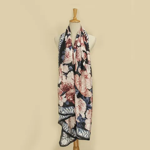 Eleganter Rosen Kamelien Blumendruck Schal Großer Retro Pastoral Satin Schultertuch Polyester Schal Für Herbst Winter Damen