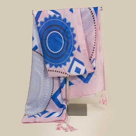 Damen Ethno-Stil Fächerdruck Quaste Schal Bedruckt Polyester Schultertuch Sonnenschutz Strand Urlaub Großes Tuch Pink Blau