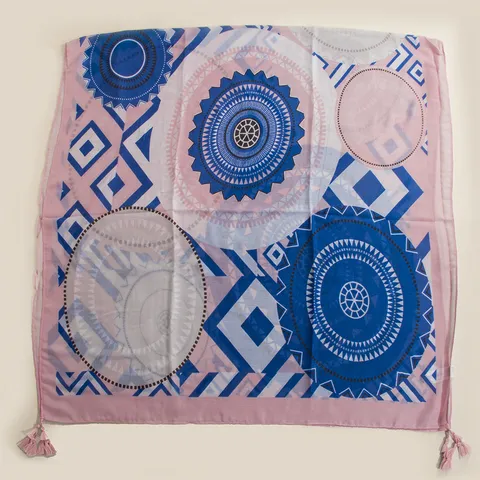 Damen Ethno-Stil Fächerdruck Quaste Schal Bedruckt Polyester Schultertuch Sonnenschutz Strand Urlaub Großes Tuch Pink Blau