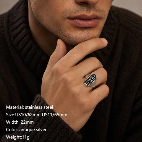 Gothic Coffin Skull Skeleton Ring Stainless Steel Men Vintage Punk Distressed Dark Biker Band Ring Jewelry Gift