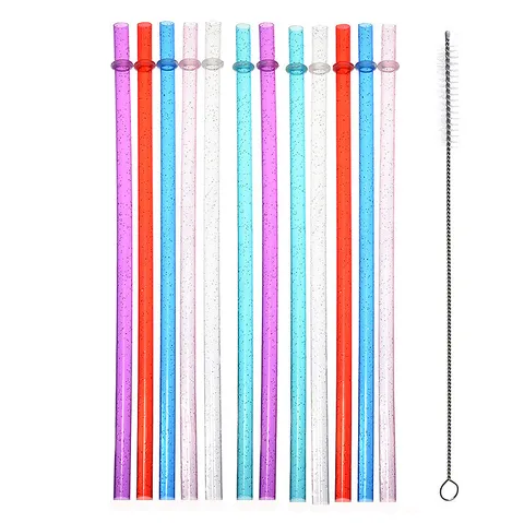 Reusable Hard Plastic Drinking Straws With Anti Slip Ring Glitter Striped Thickened Straws With Cleaning Brush For Party Kitchen