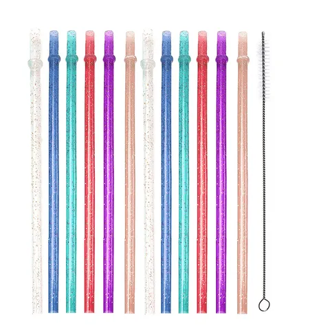 Reusable Hard Plastic Drinking Straws With Anti-Slip Ring Glitter Colorful Thick Straws With Cleaning Brush For Kitchen