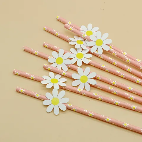 Creative Daisy Paper Drinking Straws With 3D Flower Card Party Supplies Colorful Striped Straws For Wedding Celebration