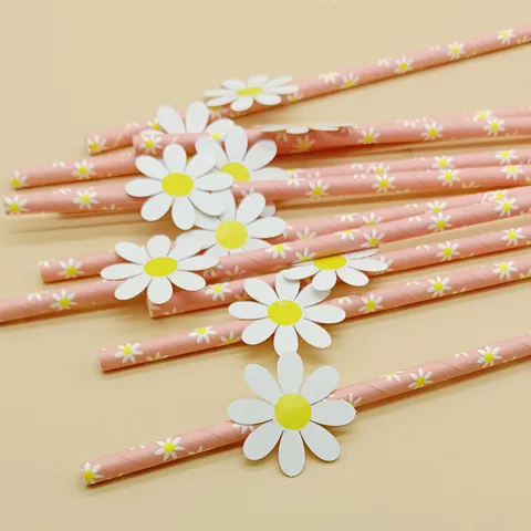 Creative Daisy Paper Drinking Straws With 3D Flower Card Party Supplies Colorful Striped Straws For Wedding Celebration