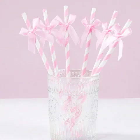 Creative Striped Paper Drinking Straws With Fabric Bow Party Decoration For Dessert Table Birthday Celebration Supplies