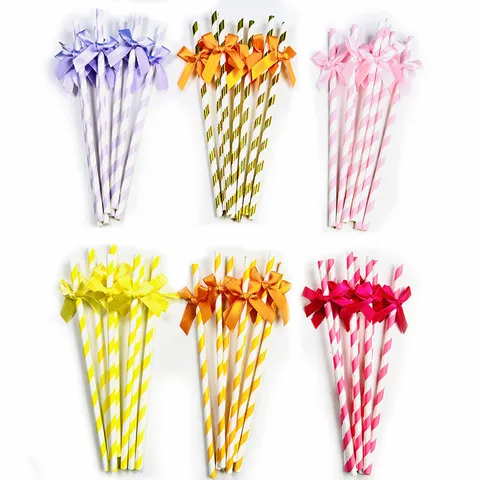 Creative Bow Paper Straws Striped Drinking Straws With Fabric Bow Decoration For Party Birthday Dessert Table Wedding Supplies